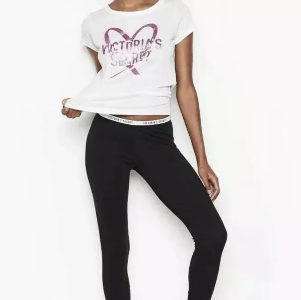 VICTORIA'S SECRET Logo Tee & Legging Set White Pajama Sleep - Picture 2 of 2